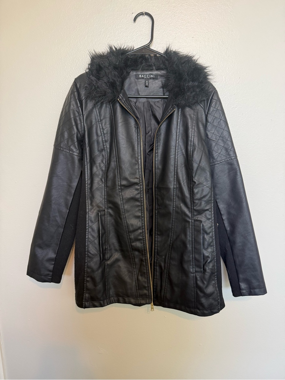 Baccini Black Faux Leather Hooded Jacket with Faux Fur Trim